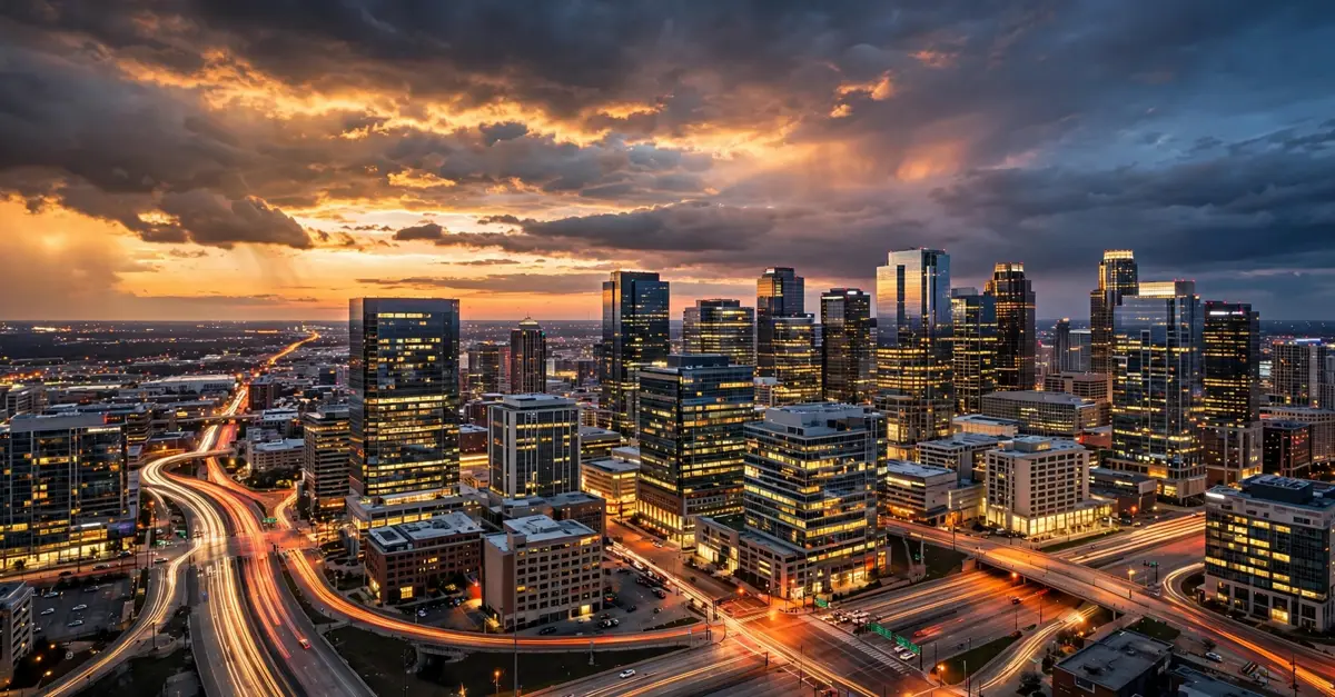 City skyline at dusk